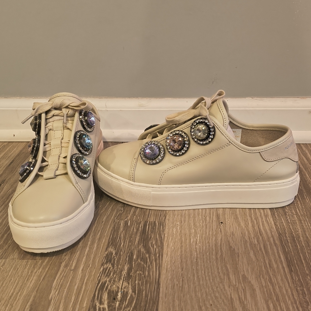 Kurt Geiger Beige Rhinestone Bling Sneakers - Picture 3 of 9